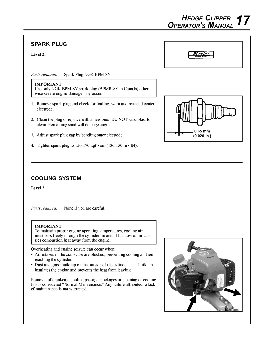 Echo HC-235 manual Spark plug, Cooling system 