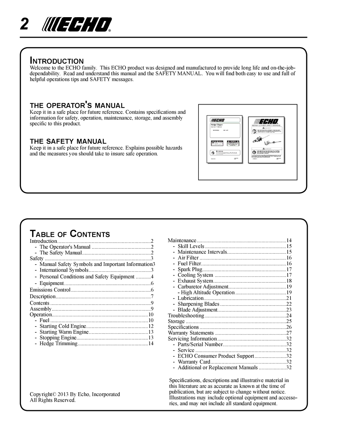 Echo HC-235 Introduction, Operators manual, Safety manual, Table of Contents 