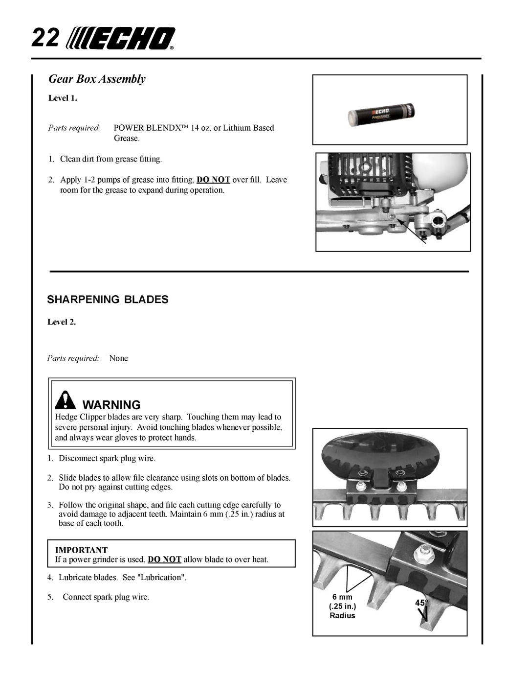 Echo HC-235 manual Gear Box Assembly, Sharpening blades 