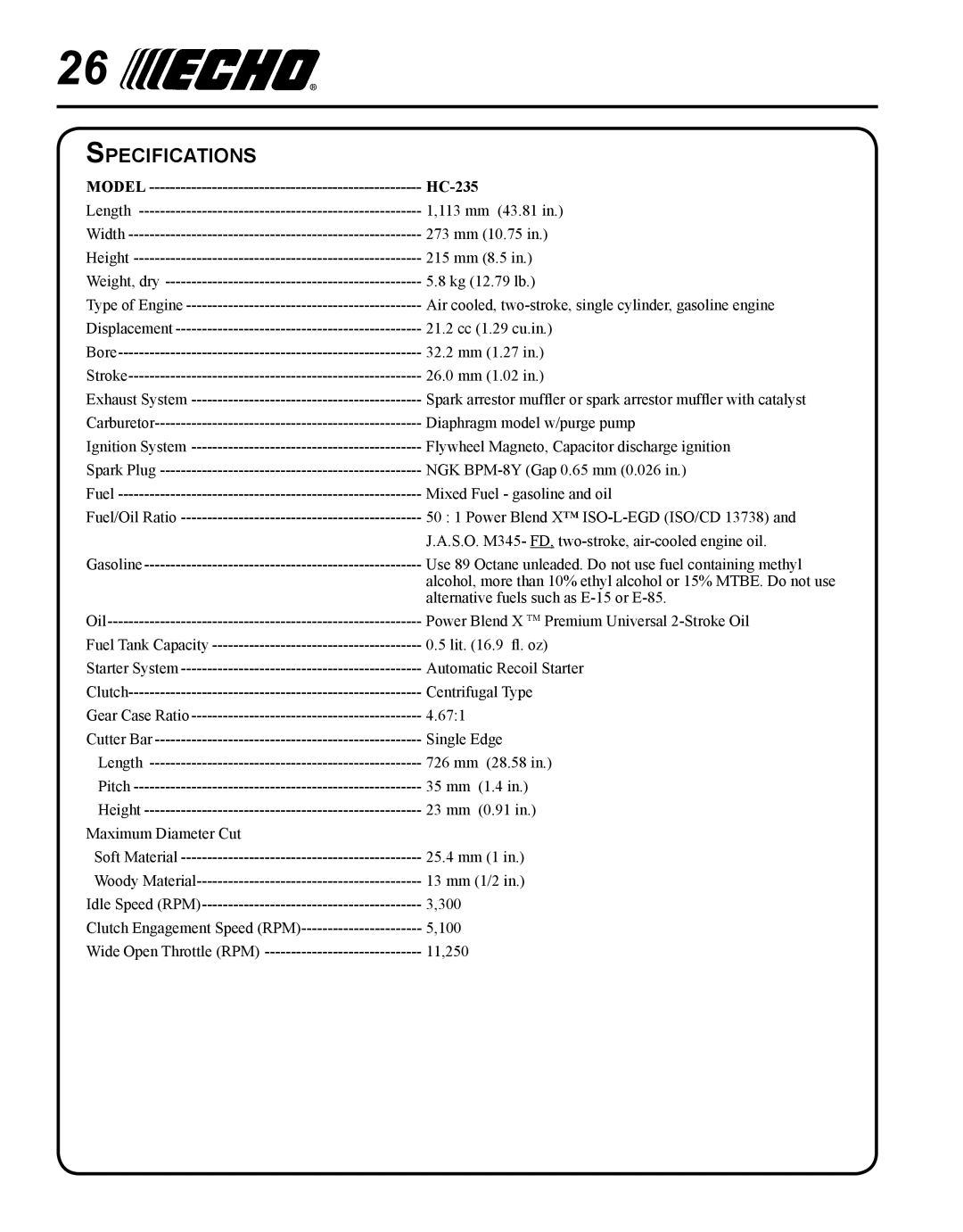 Echo manual Specifications, Model HC-235 