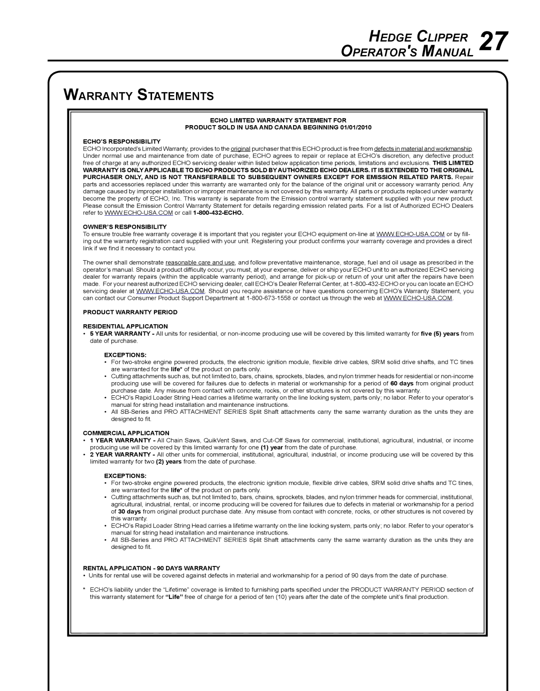 Echo HC-235 manual Warranty Statements, Exceptions 