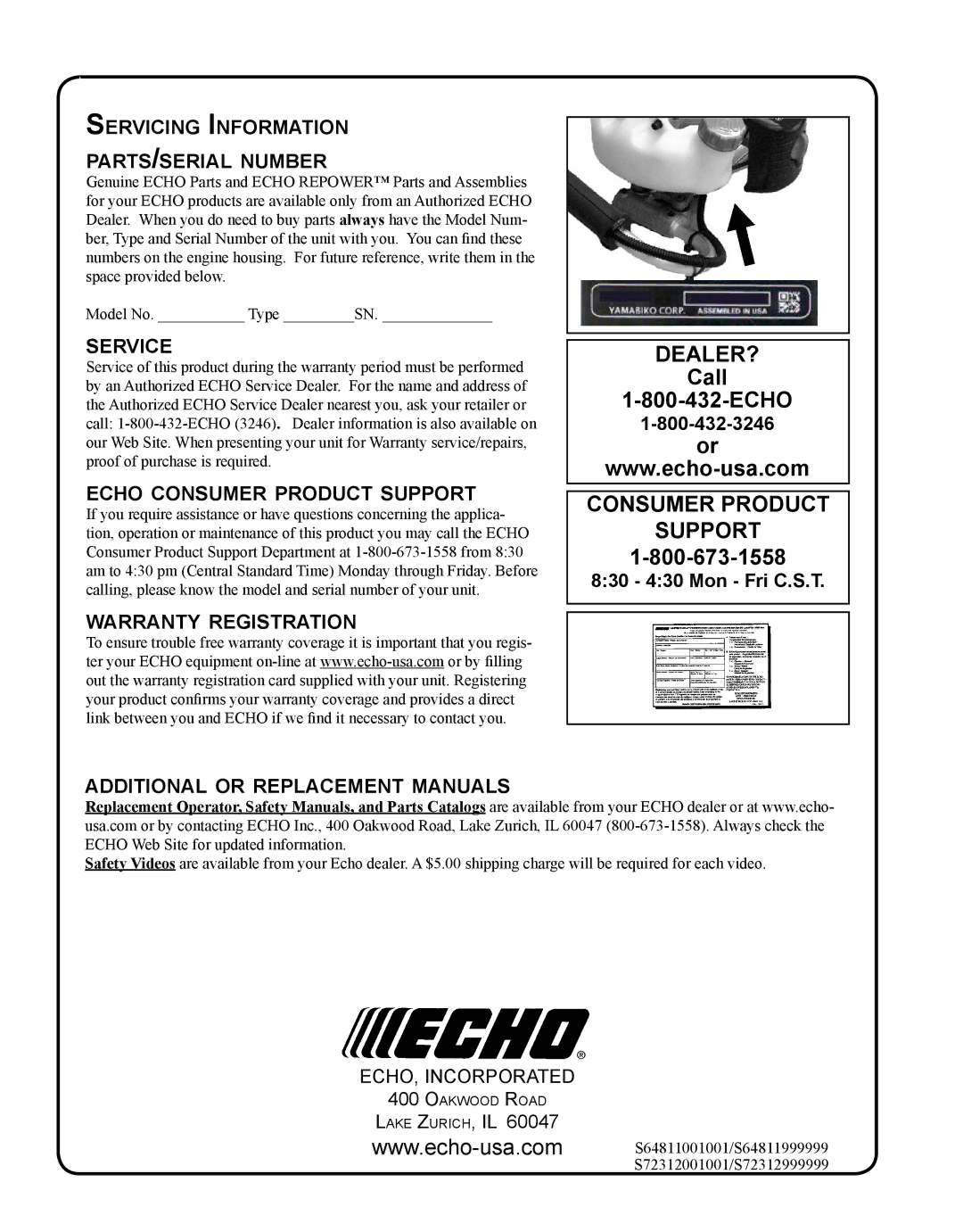 Echo HC-235 manual Servicing Information parts/serial number, Service, Echo consumer product support 