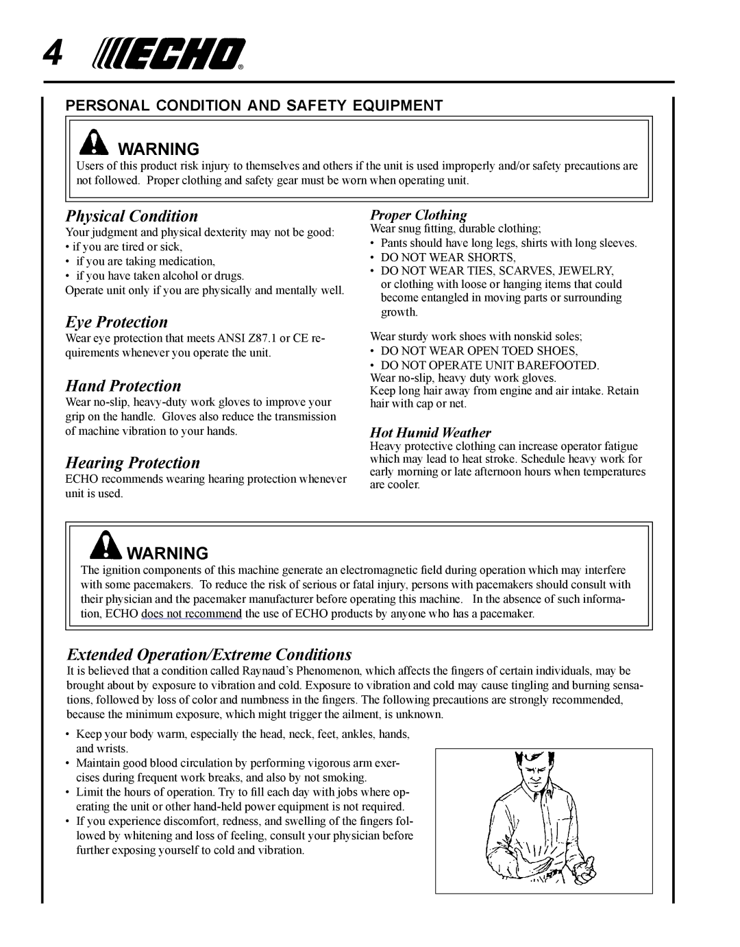 Echo HC-235 Physical Condition, Eye Protection, Hand Protection, Hearing Protection, Extended Operation/Extreme Conditions 