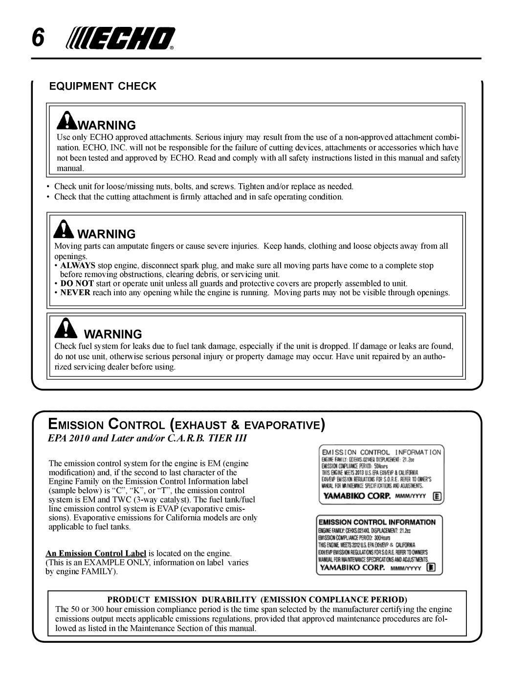 Echo HC-235 manual Equipment check, Emission Control exhaust & evaporative, EPA 2010 and Later and/or C.A.R.B. Tier 