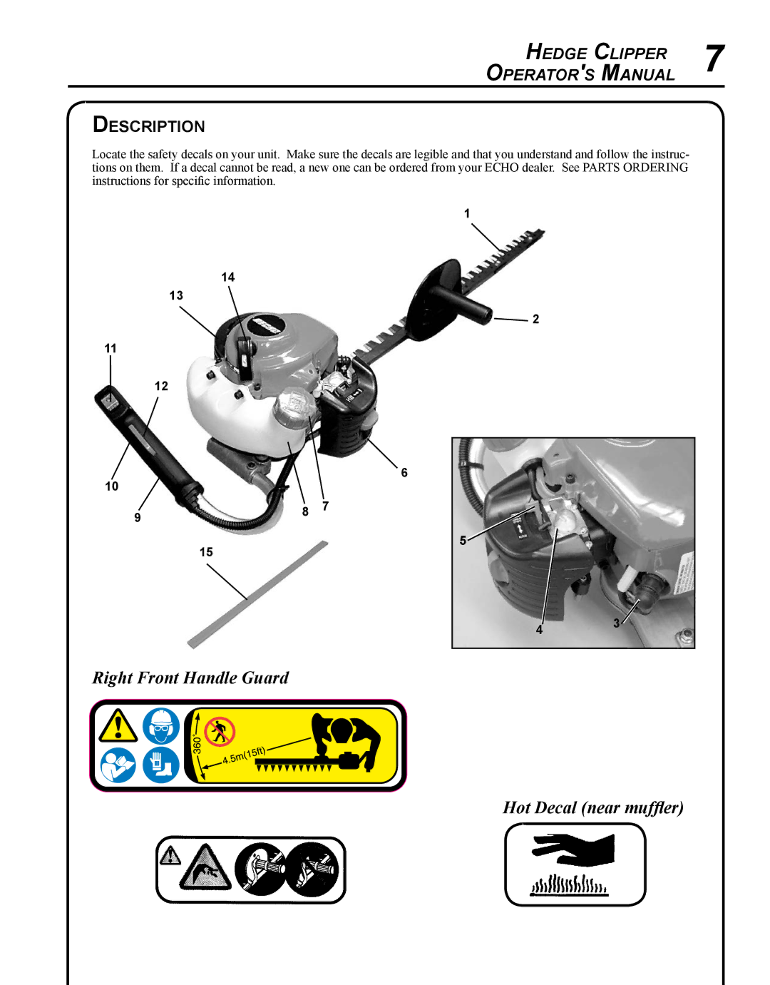 Echo HC-235 manual Right Front Handle Guard Hot Decal near muffler, Description 