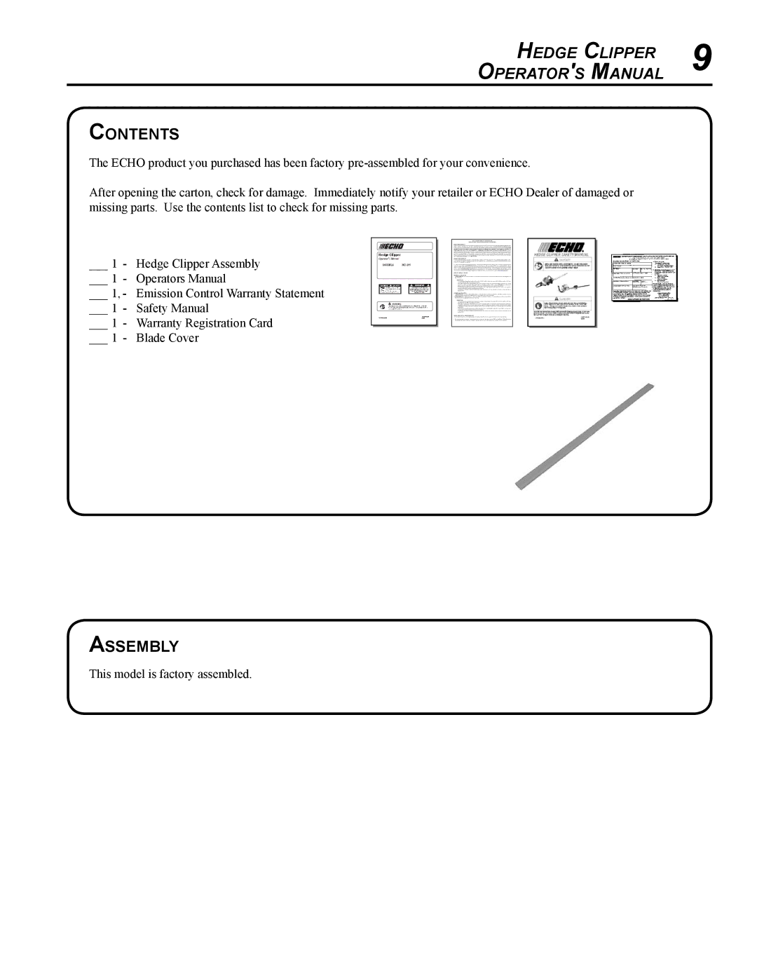 Echo HC-235 manual Contents, Assembly 