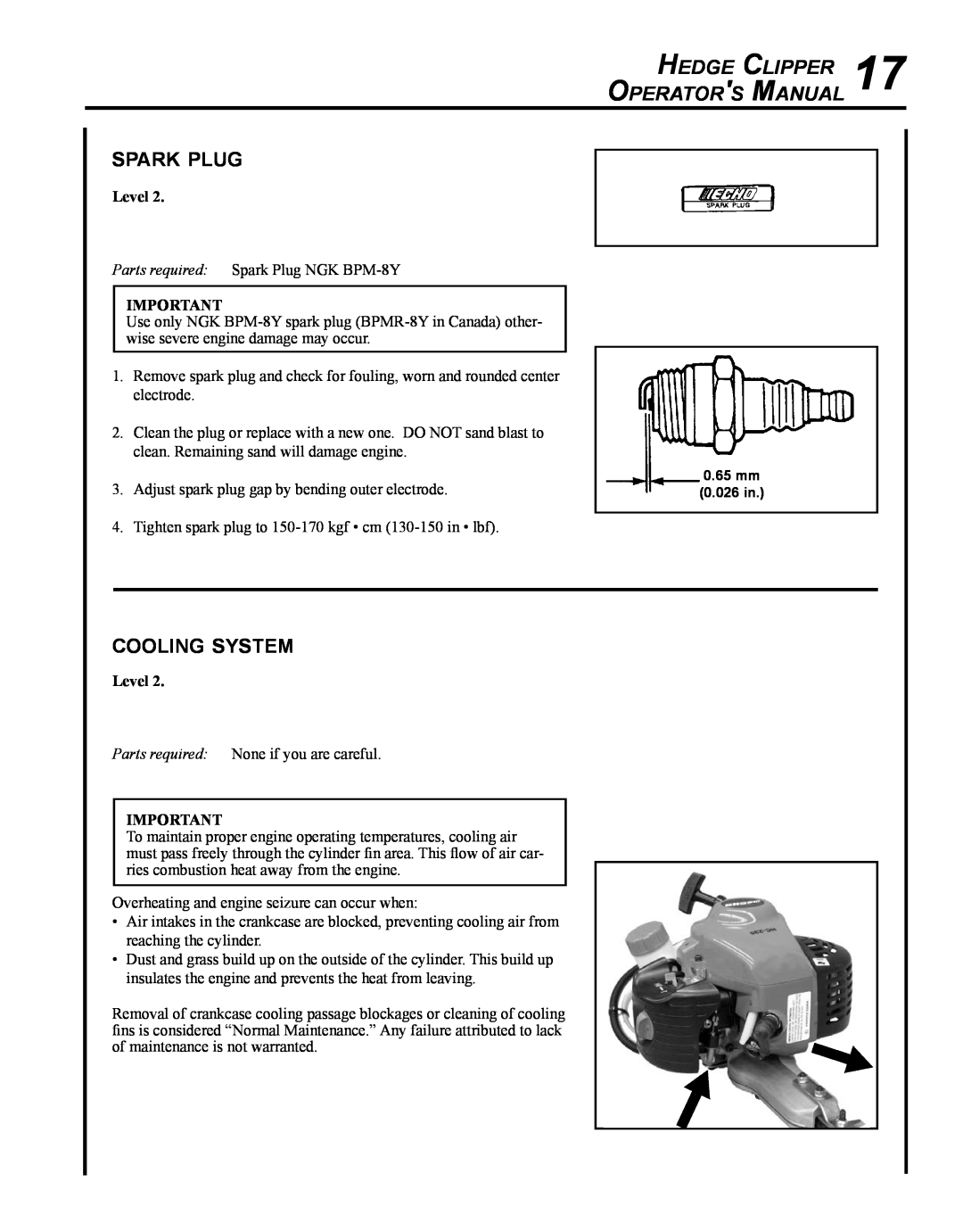 Echo HC-235 manual spark plug, cooling system, Hedge Clipper Operators Manual 