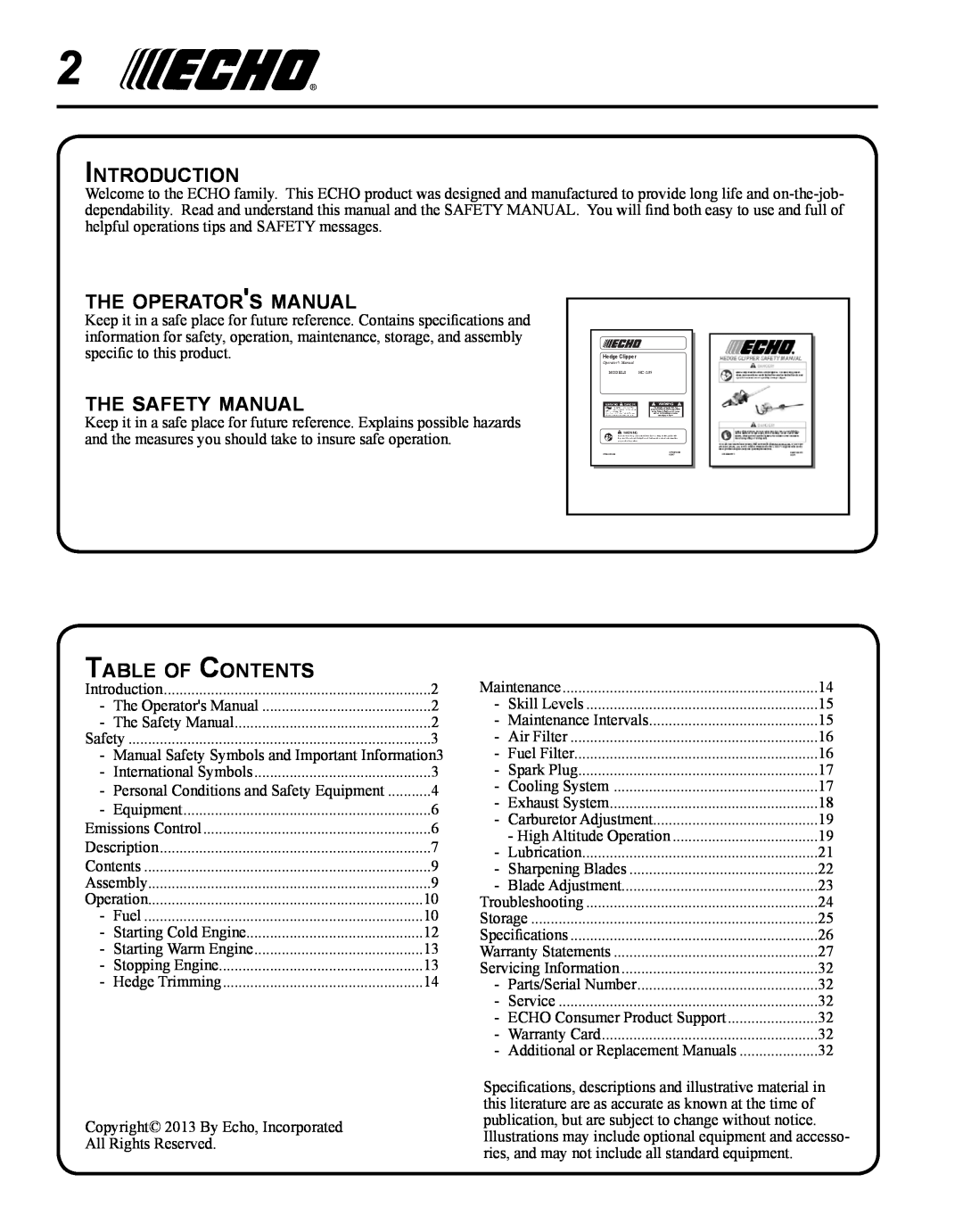 Echo HC-235 Introduction, the operators manual, the safety manual, Table of Contents 
