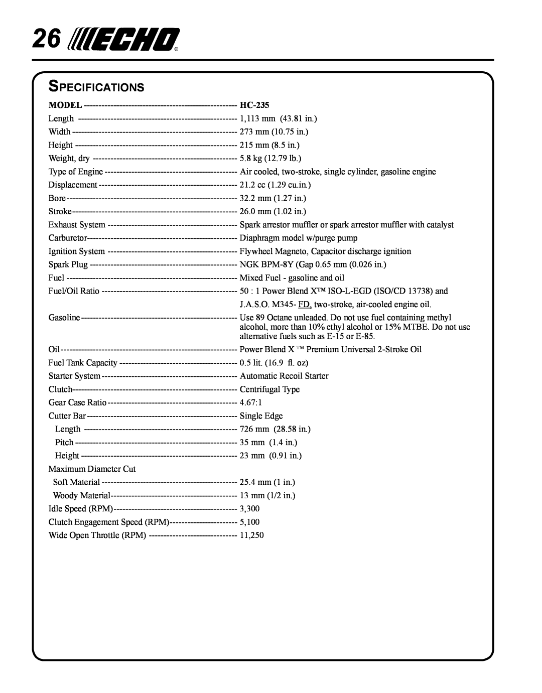 Echo HC-235 manual Specifications, Model 