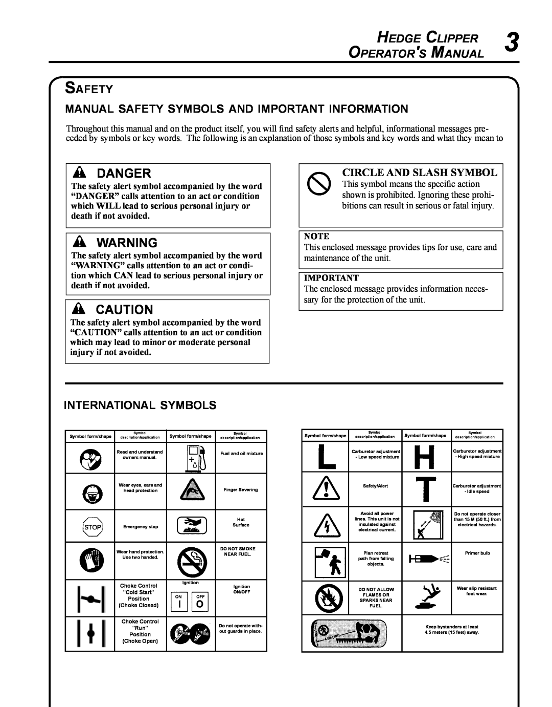 Echo HC-235 Danger, Hedge Clipper, Operator s Manual, Safety manual safety symbols and important information 