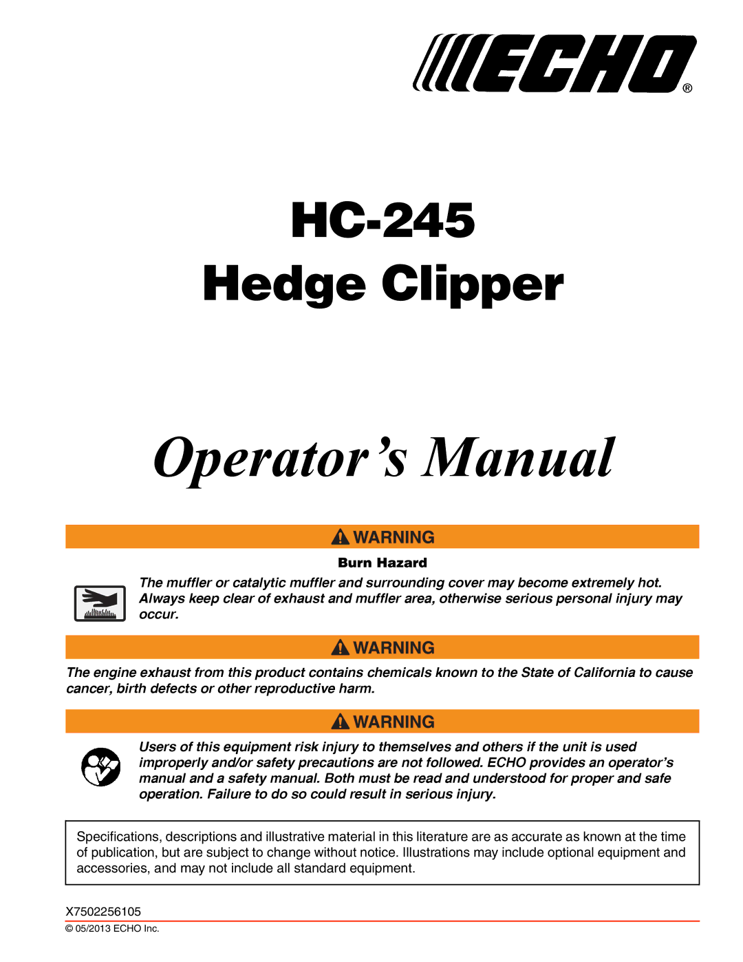 Echo HC-245 specifications Operator’s Manual 