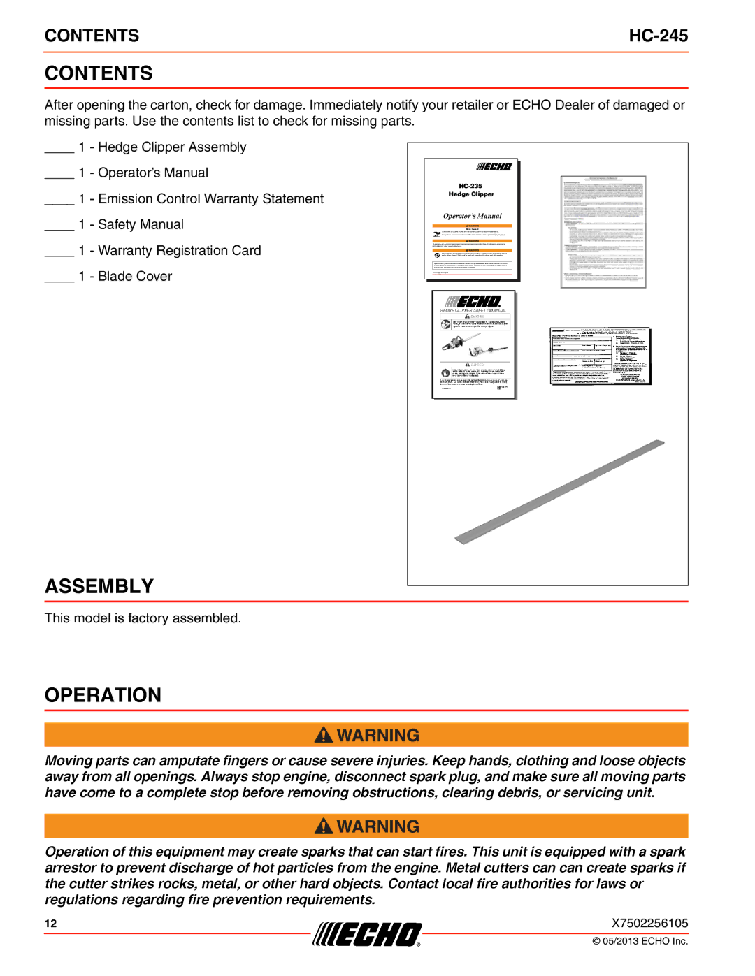 Echo HC-245 specifications Contents, Assembly, Operation 