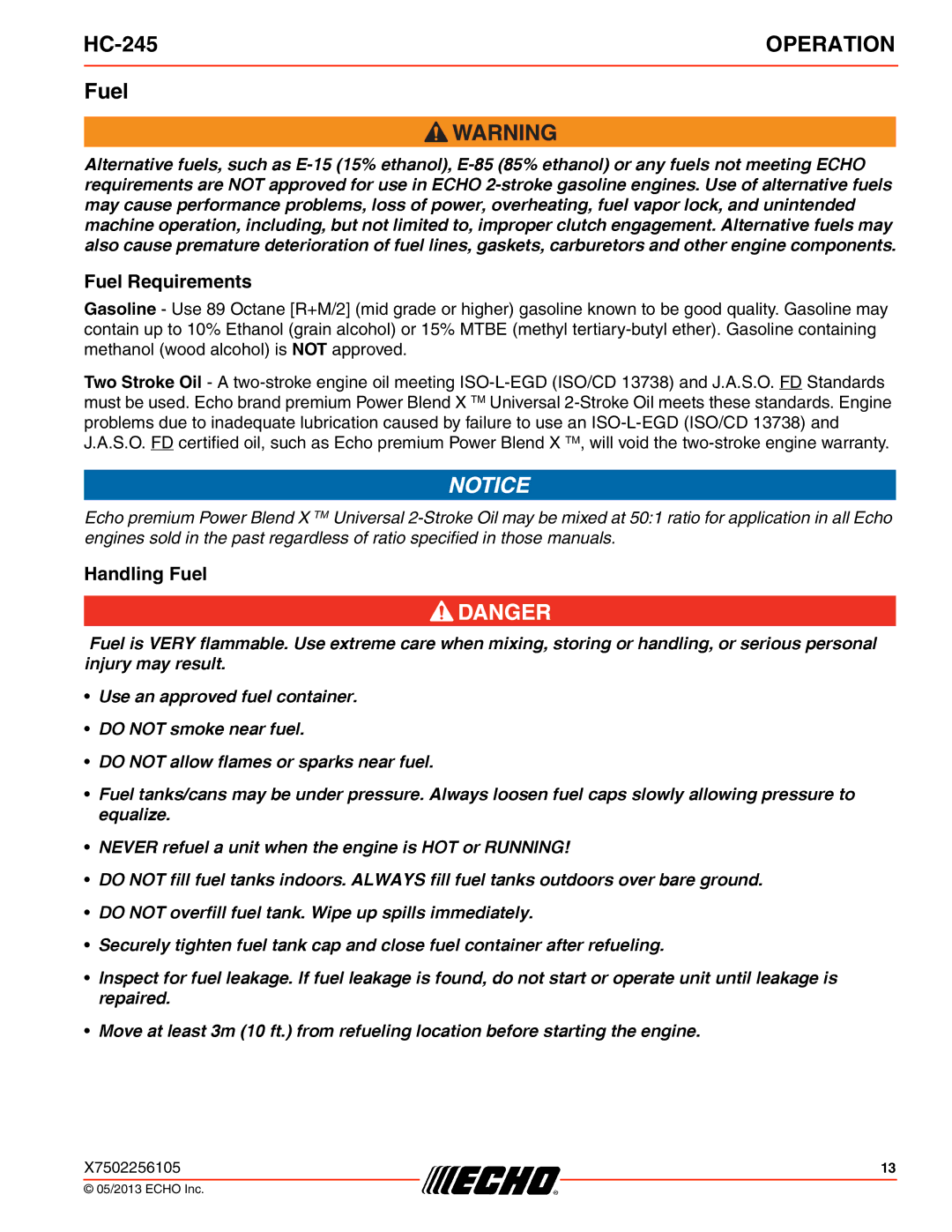 Echo HC-245 specifications Fuel Requirements, Handling Fuel 