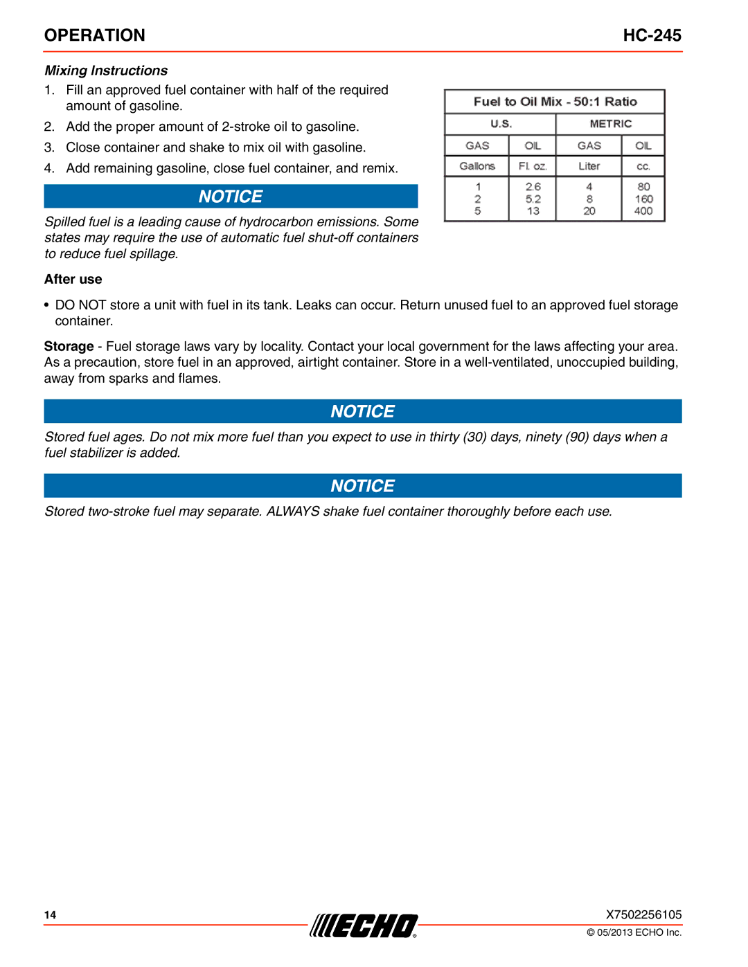 Echo HC-245 specifications Mixing Instructions 