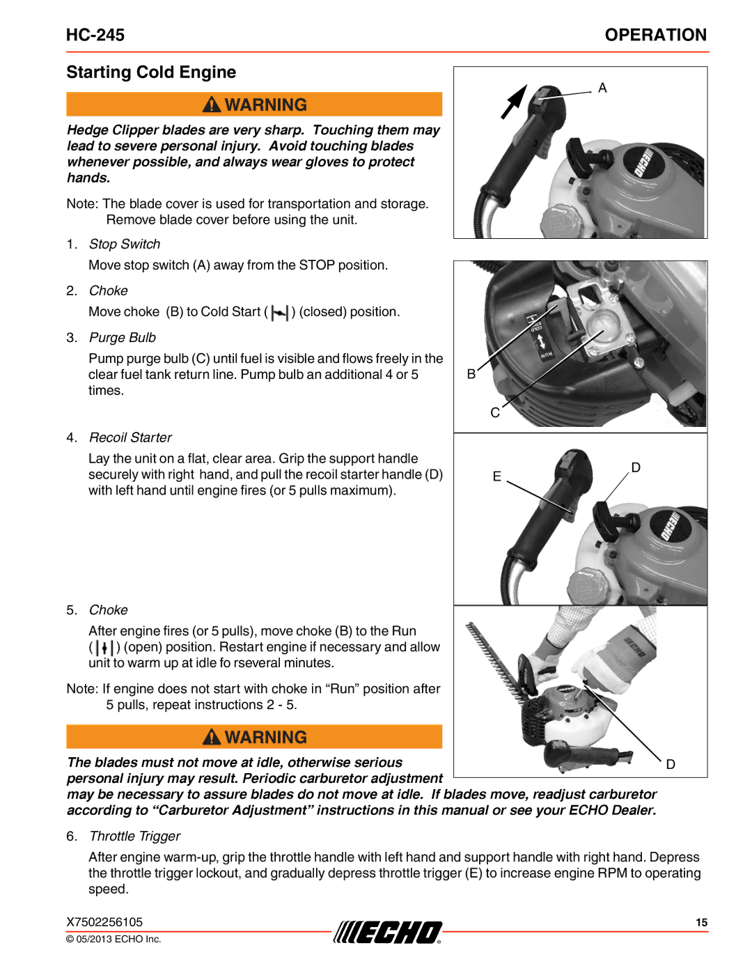 Echo HC-245 specifications Starting Cold Engine, Purge Bulb 