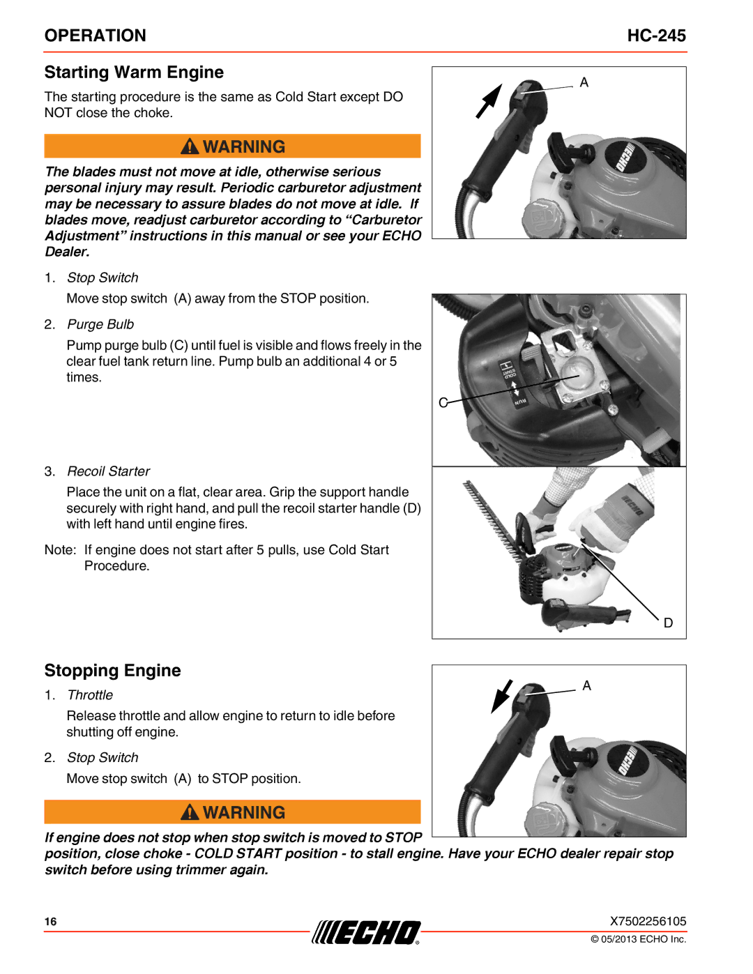 Echo HC-245 specifications Starting Warm Engine, Stopping Engine 