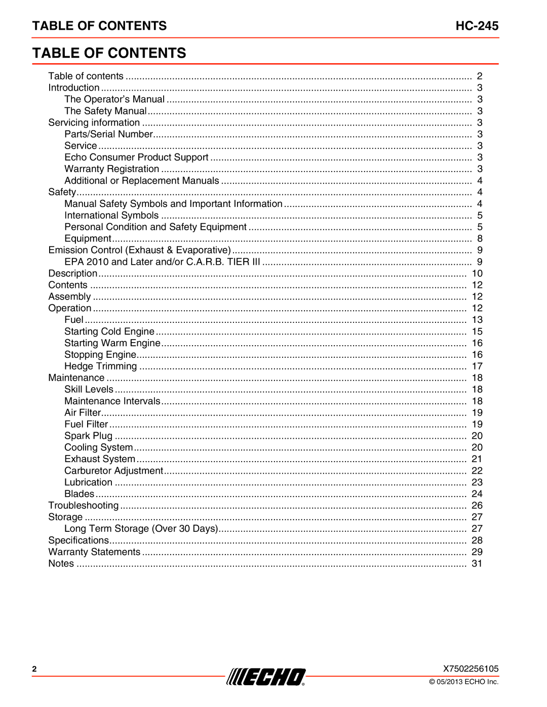 Echo HC-245 specifications Table of Contents 