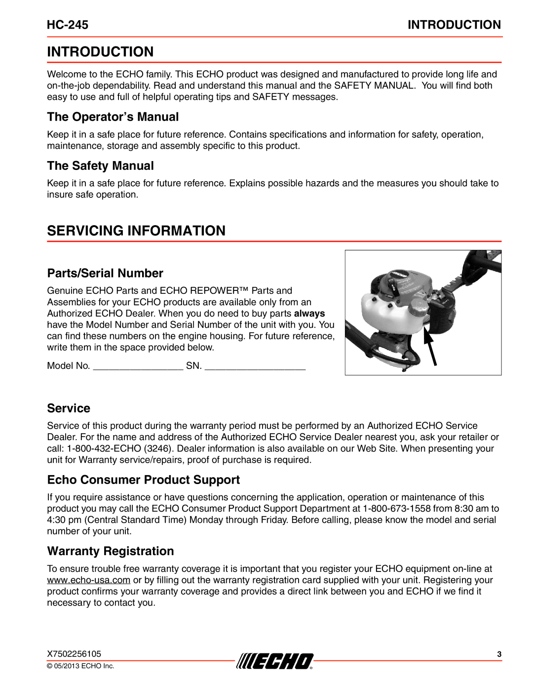 Echo HC-245 specifications Introduction, Servicing Information 