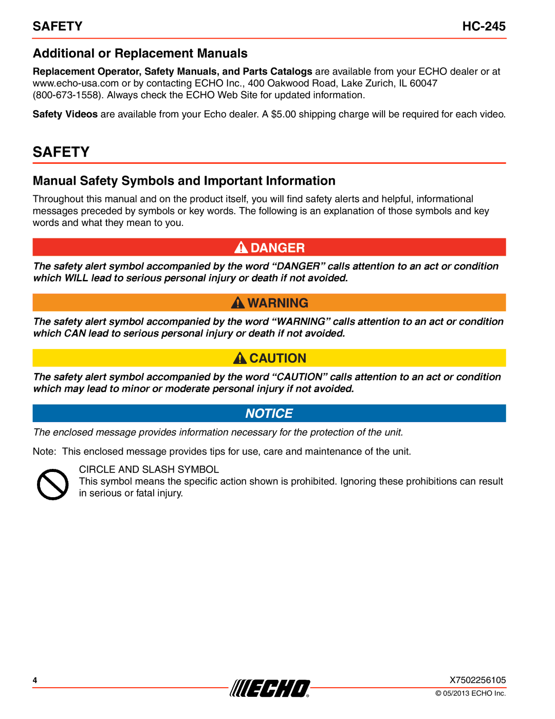 Echo HC-245 specifications Additional or Replacement Manuals, Manual Safety Symbols and Important Information 