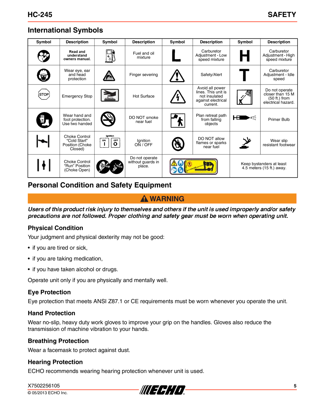 Echo HC-245 specifications International Symbols, Personal Condition and Safety Equipment 