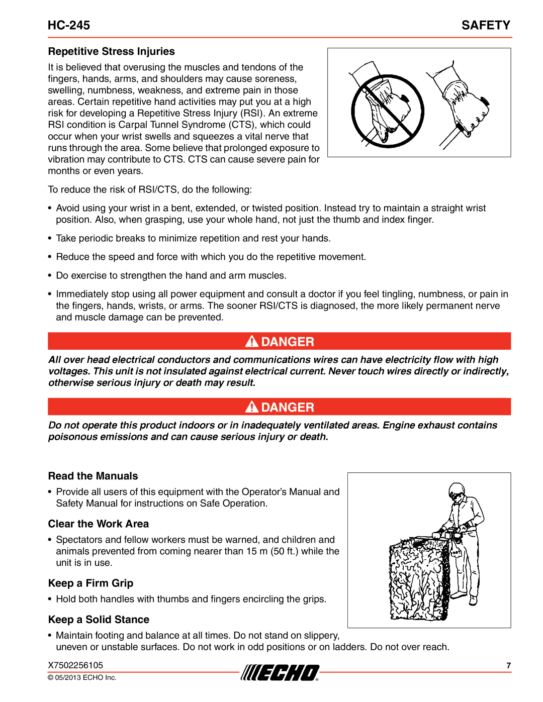 Echo HC-245 Repetitive Stress Injuries, Read the Manuals, Clear the Work Area, Keep a Firm Grip, Keep a Solid Stance 