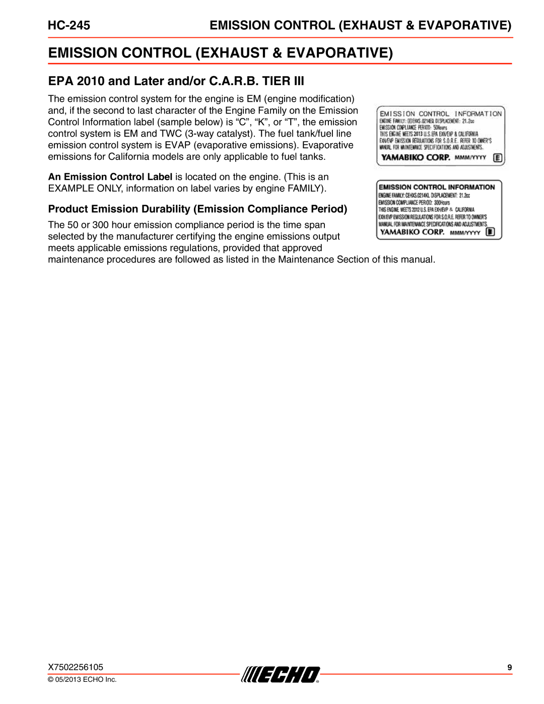 Echo HC-245 specifications Emission Control Exhaust & Evaporative, EPA 2010 and Later and/or C.A.R.B. Tier 