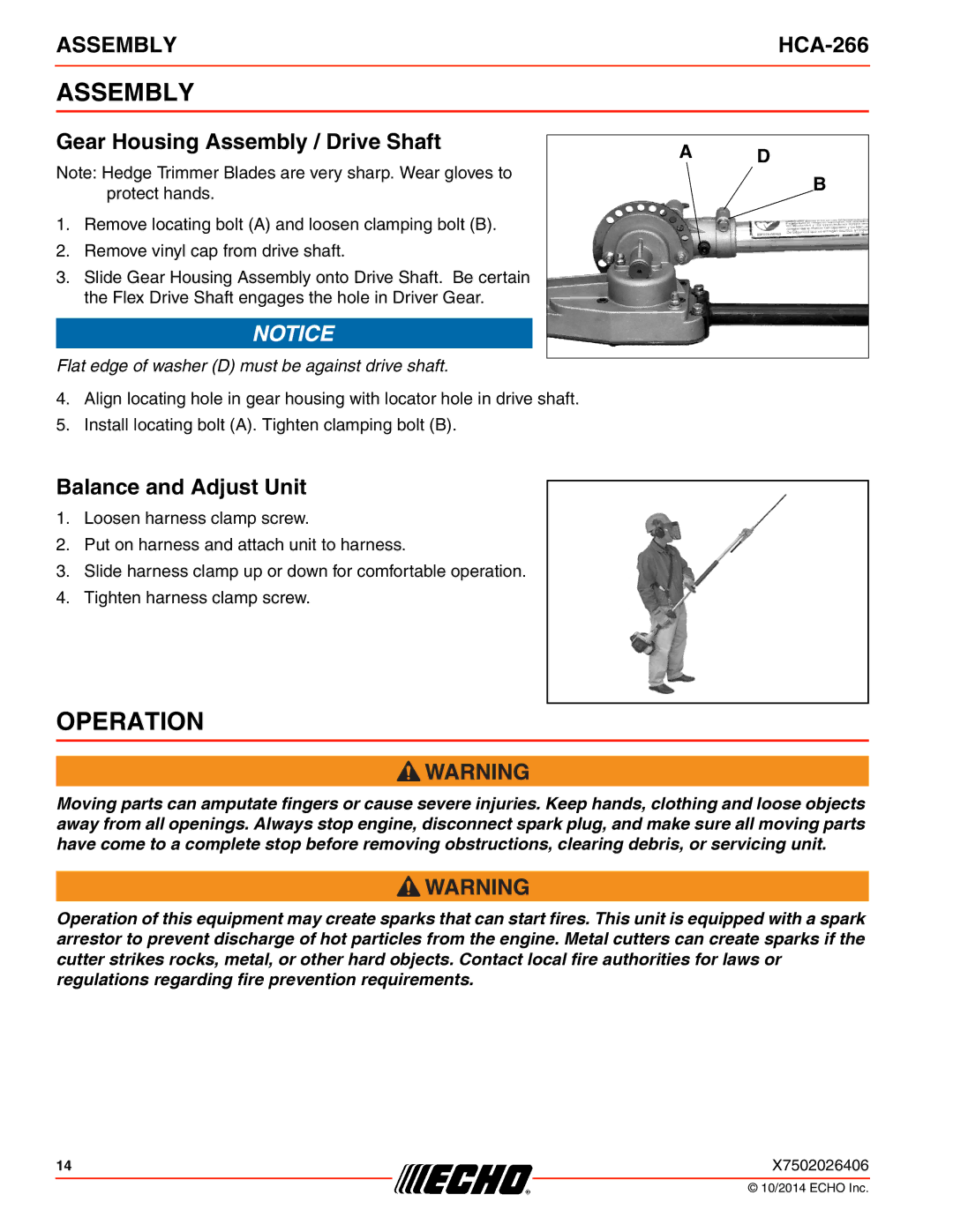 Echo HCA-266 specifications Operation, Gear Housing Assembly / Drive Shaft, Balance and Adjust Unit 