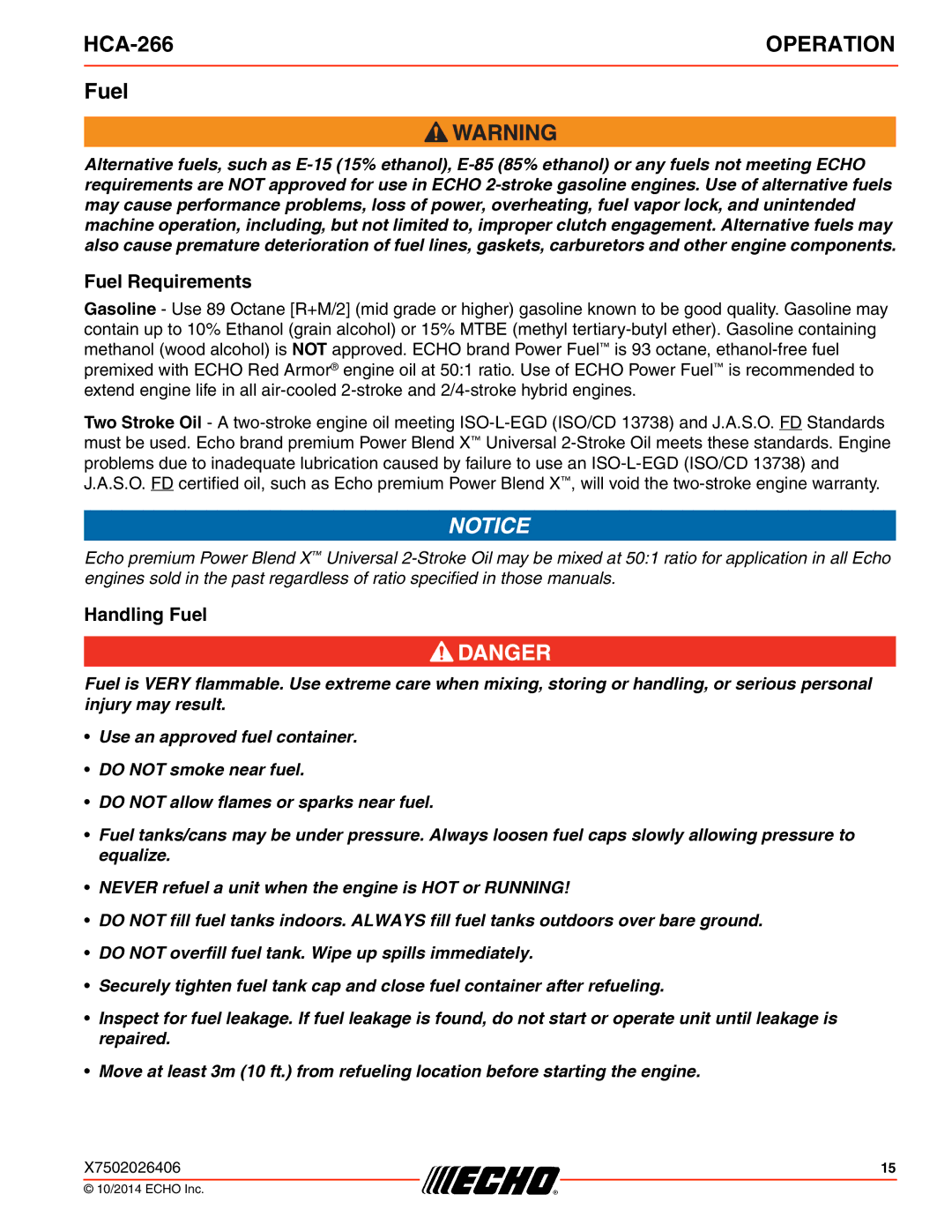 Echo HCA-266 specifications Fuel Requirements, Handling Fuel 