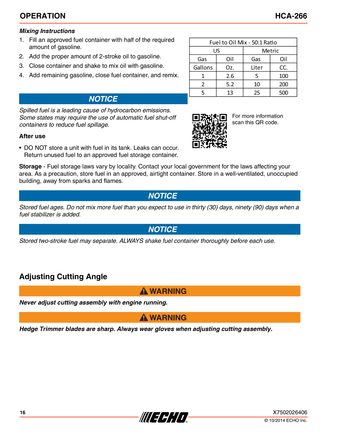 Echo HCA-266 specifications Adjusting Cutting Angle, Mixing Instructions 