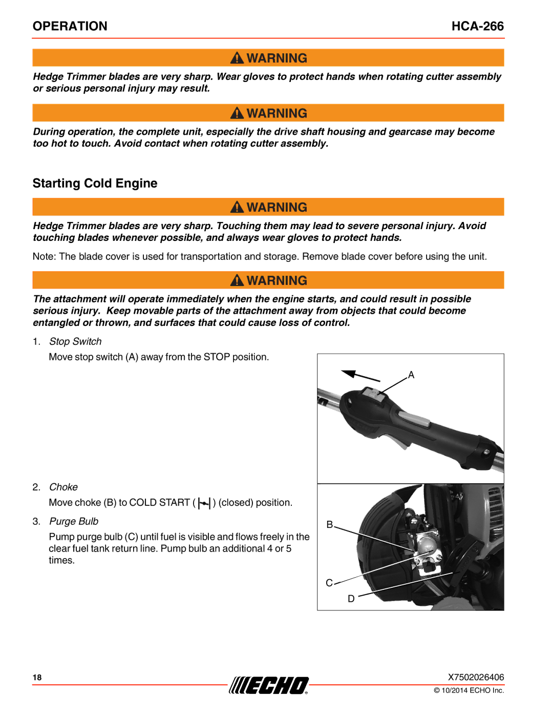 Echo HCA-266 specifications Starting Cold Engine, Purge Bulb 