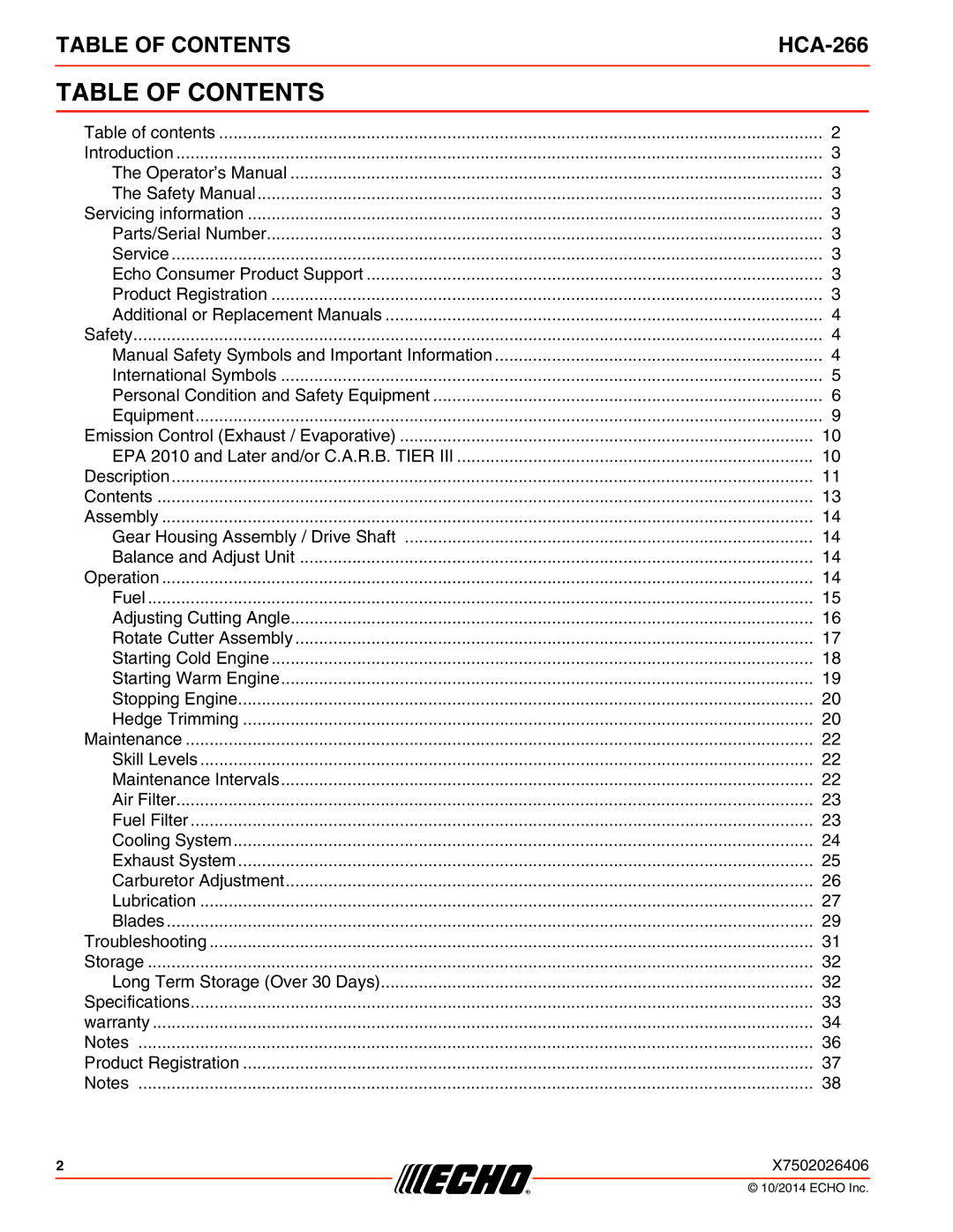 Echo HCA-266 specifications Table of Contents 