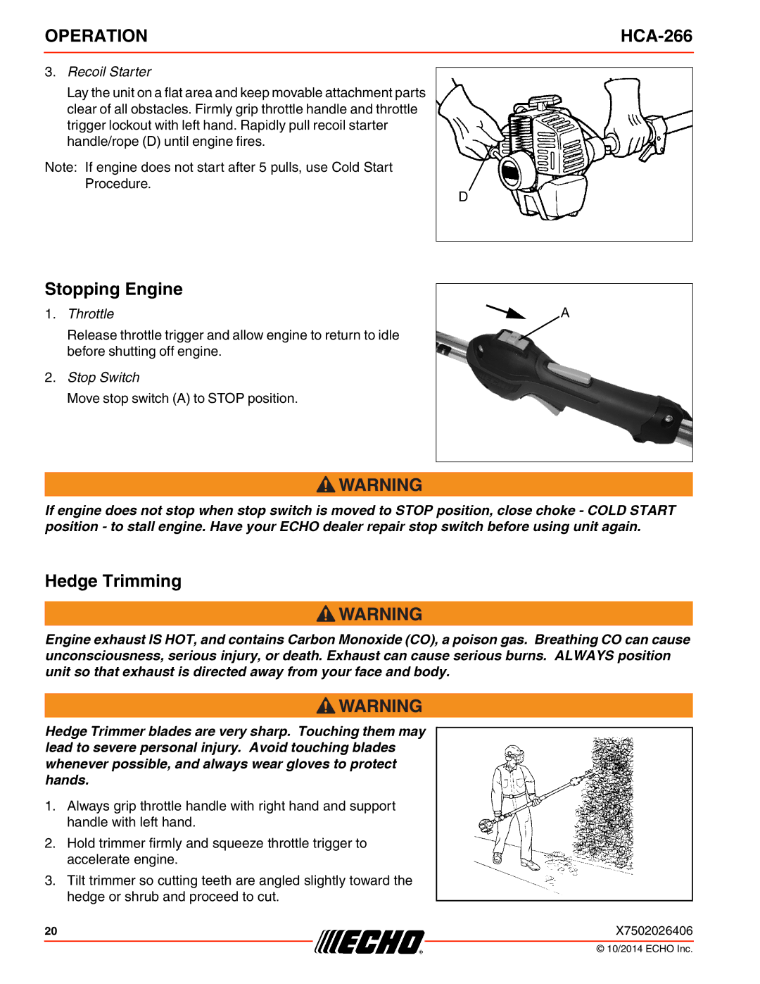 Echo HCA-266 specifications Stopping Engine, Hedge Trimming 