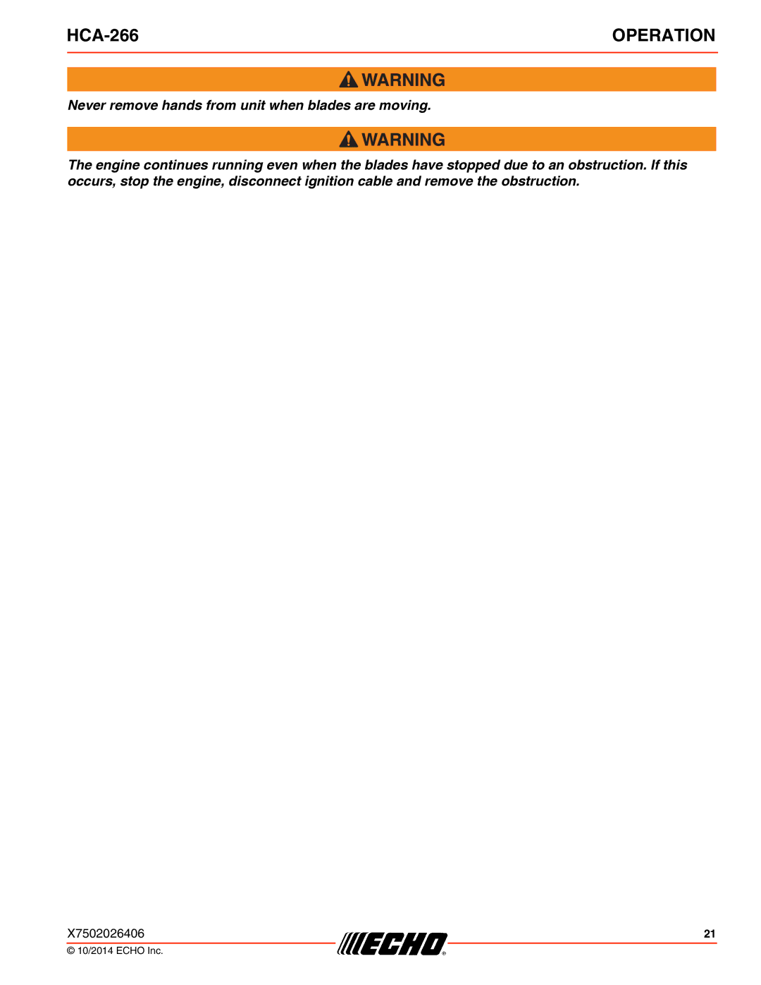 Echo HCA-266 specifications Operation 