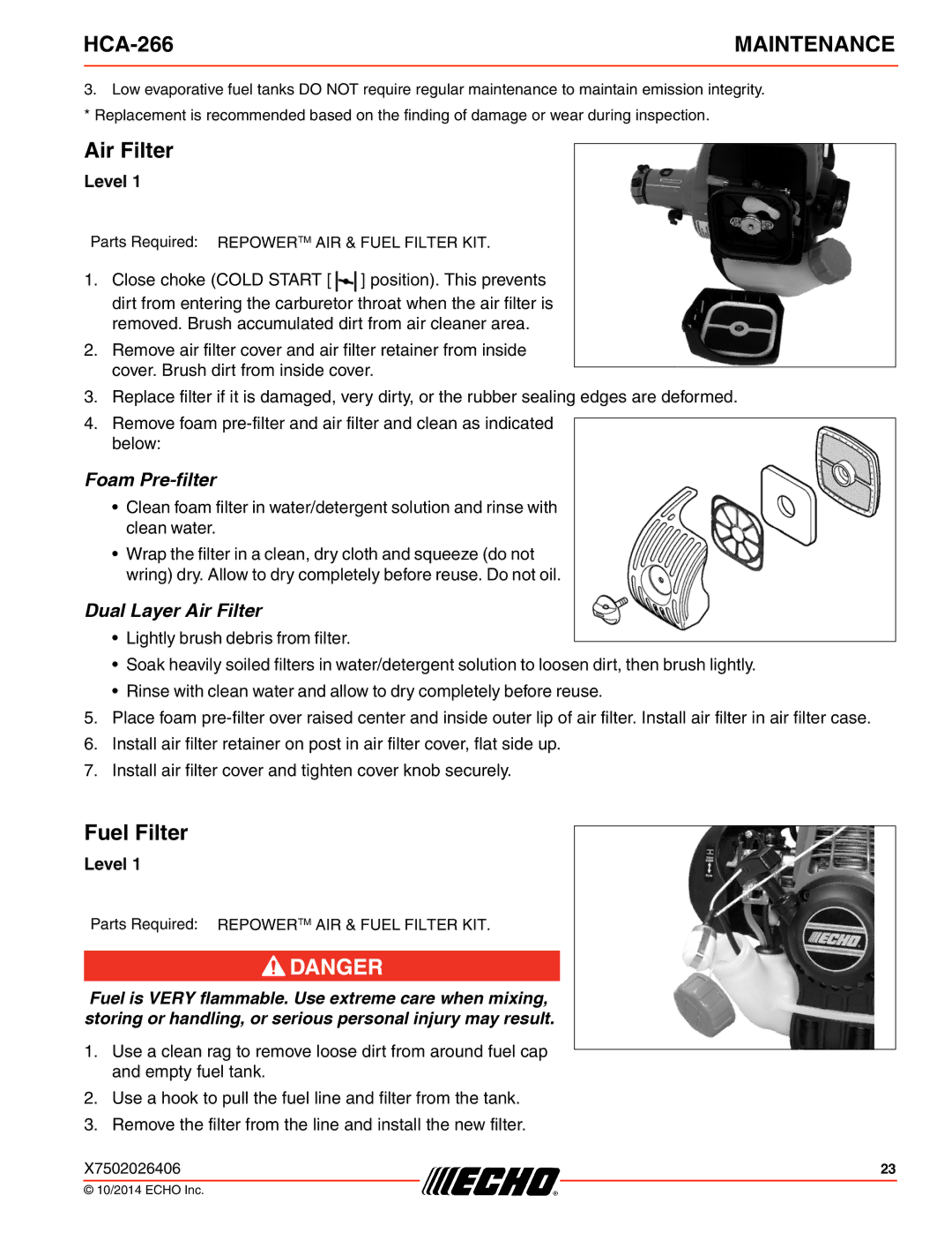 Echo HCA-266 specifications Air Filter, Fuel Filter 