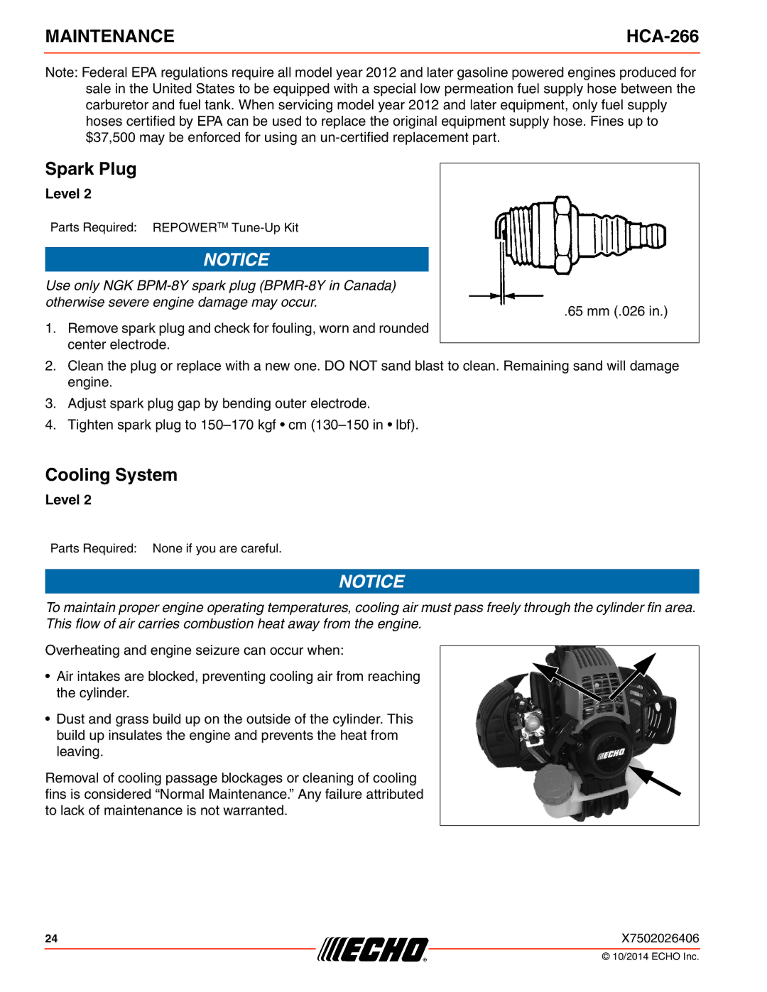 Echo HCA-266 specifications Spark Plug, Cooling System 