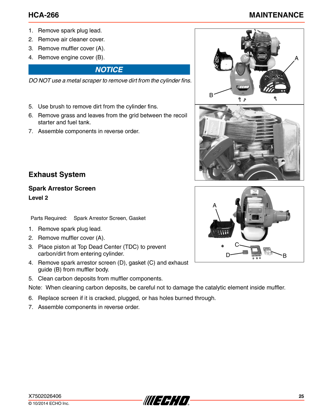 Echo HCA-266 specifications Exhaust System, Spark Arrestor Screen 