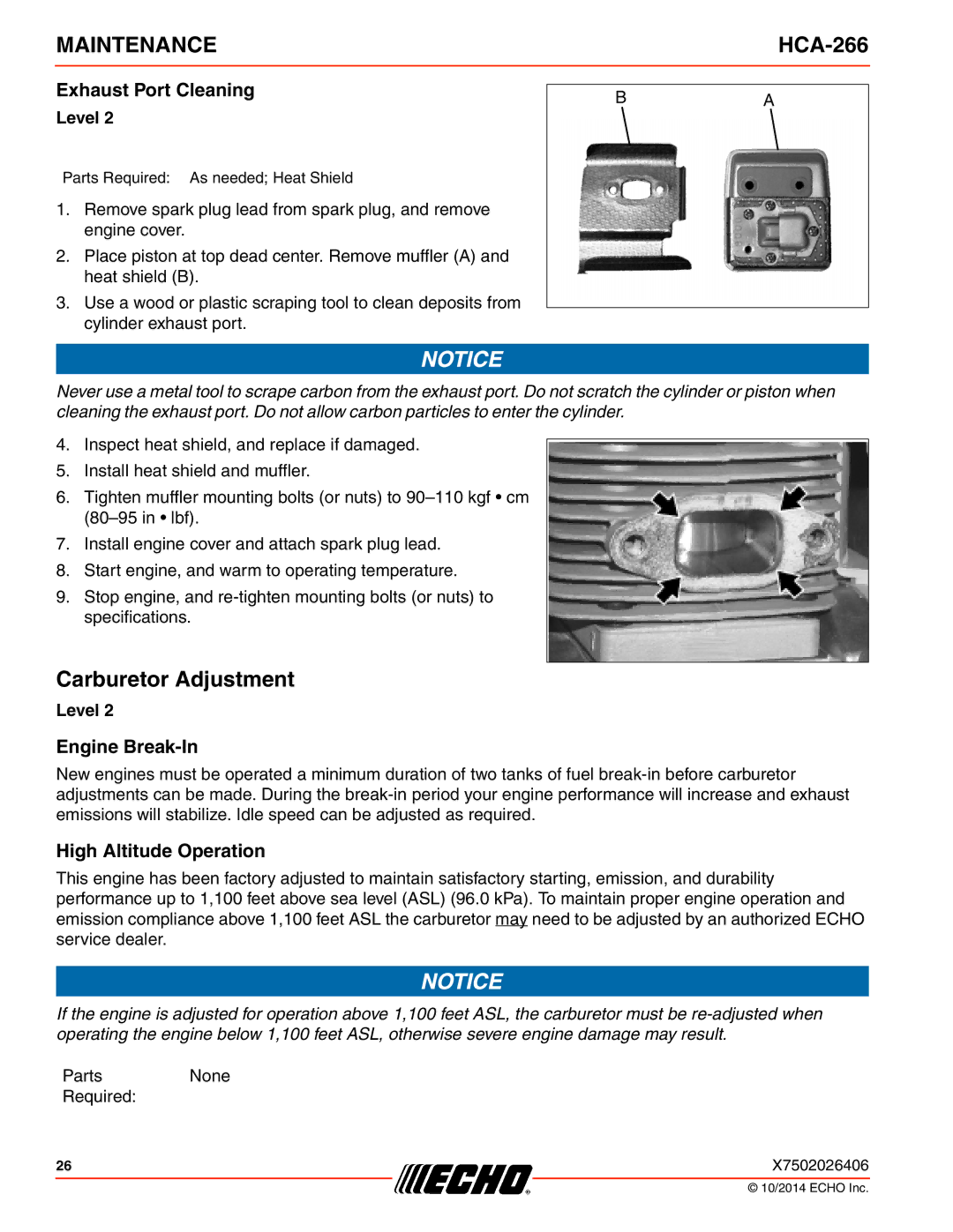 Echo HCA-266 specifications Carburetor Adjustment, Exhaust Port Cleaning, Engine Break-In, High Altitude Operation 