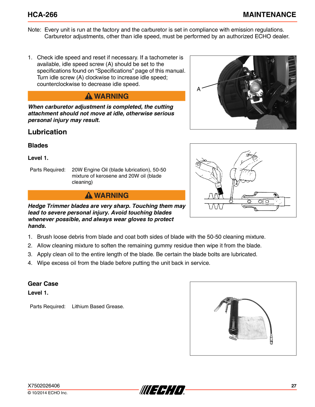 Echo HCA-266 specifications Lubrication, Blades, Gear Case 