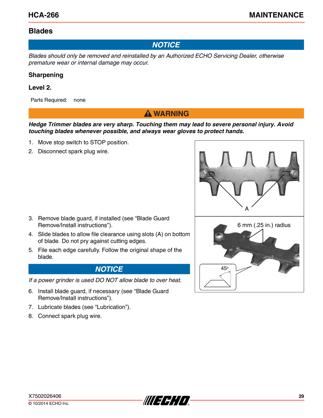 Echo HCA-266 specifications Blades, Sharpening Level 