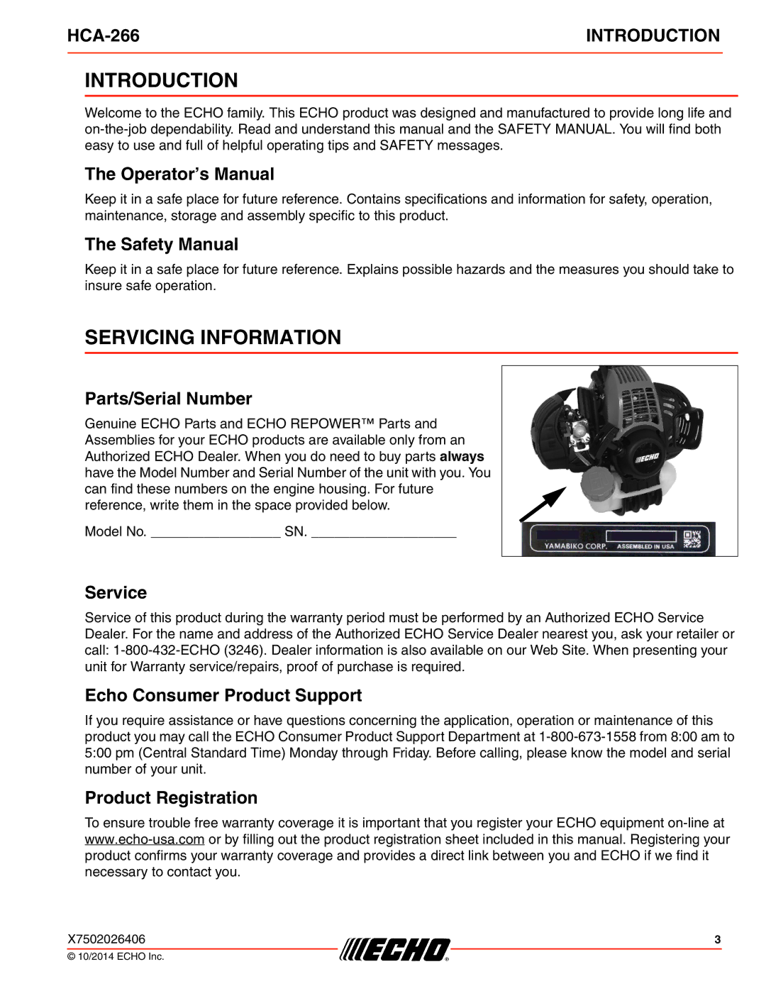 Echo HCA-266 specifications Introduction, Servicing Information 