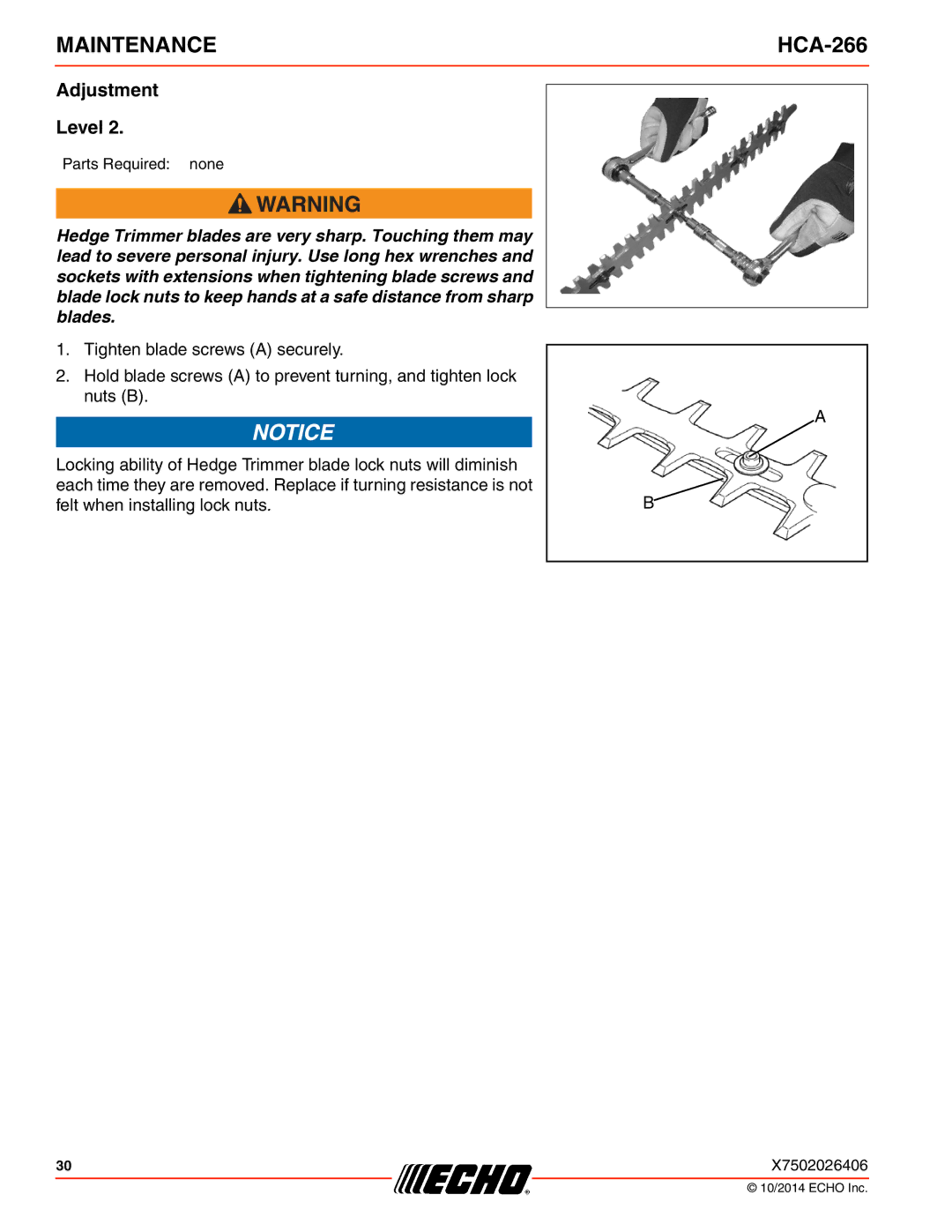 Echo HCA-266 specifications Adjustment Level 