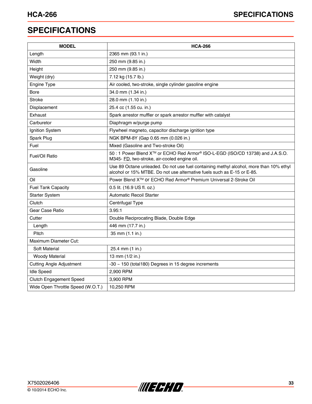 Echo HCA-266 specifications Specifications, Model 