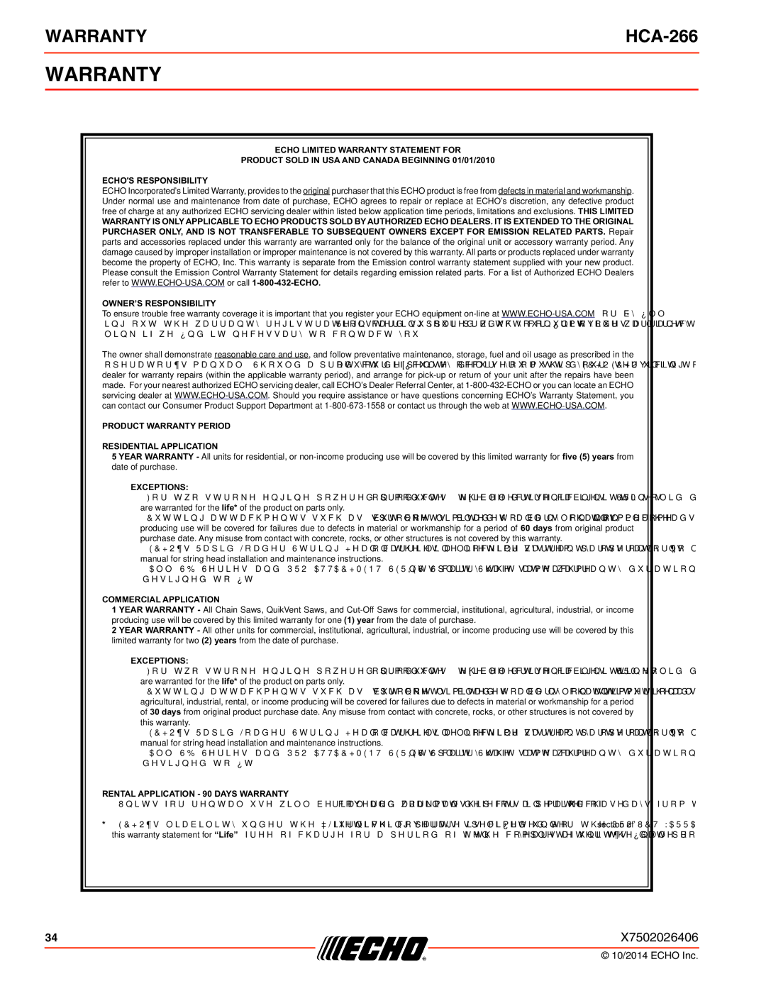 Echo HCA-266 specifications Warranty, Exceptions 