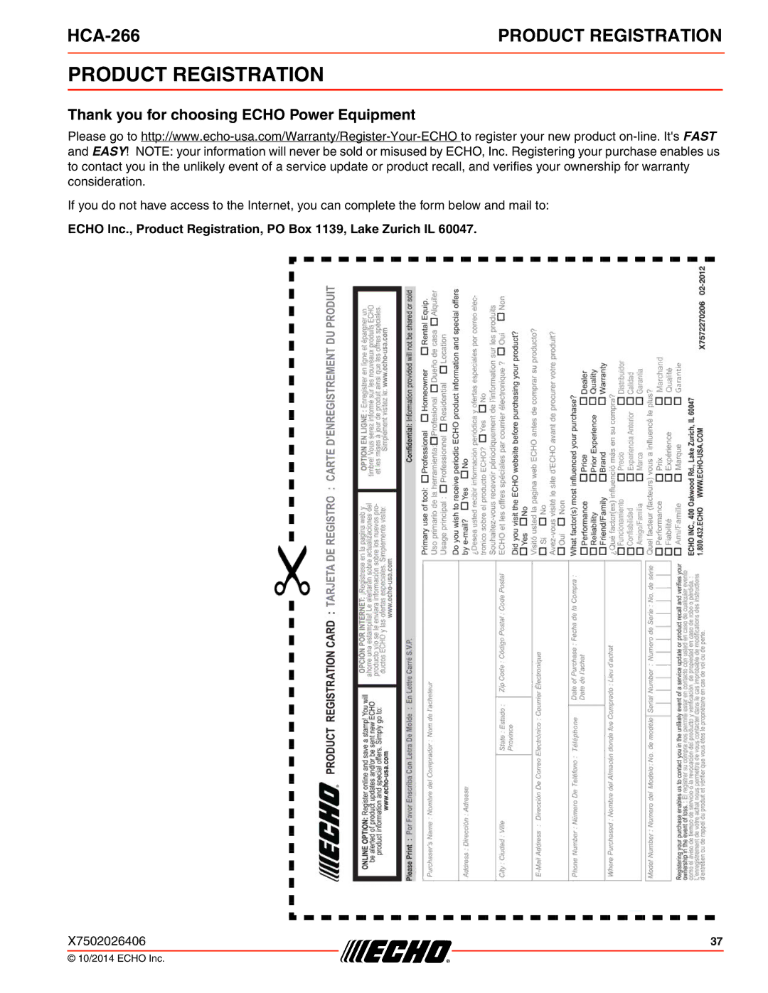 Echo HCA-266 specifications Product Registration, Thank you for choosing Echo Power Equipment 