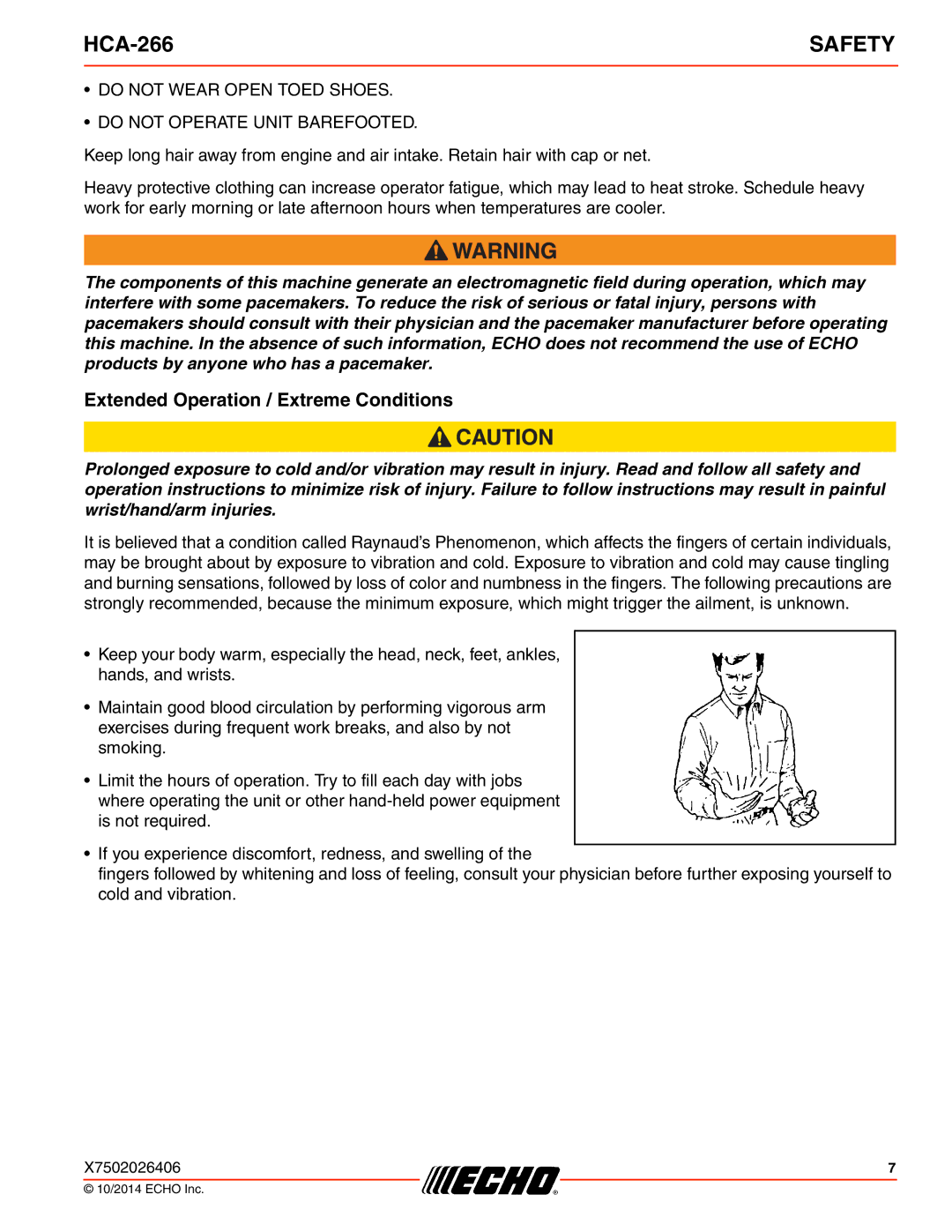 Echo HCA-266 specifications Safety, Extended Operation / Extreme Conditions 