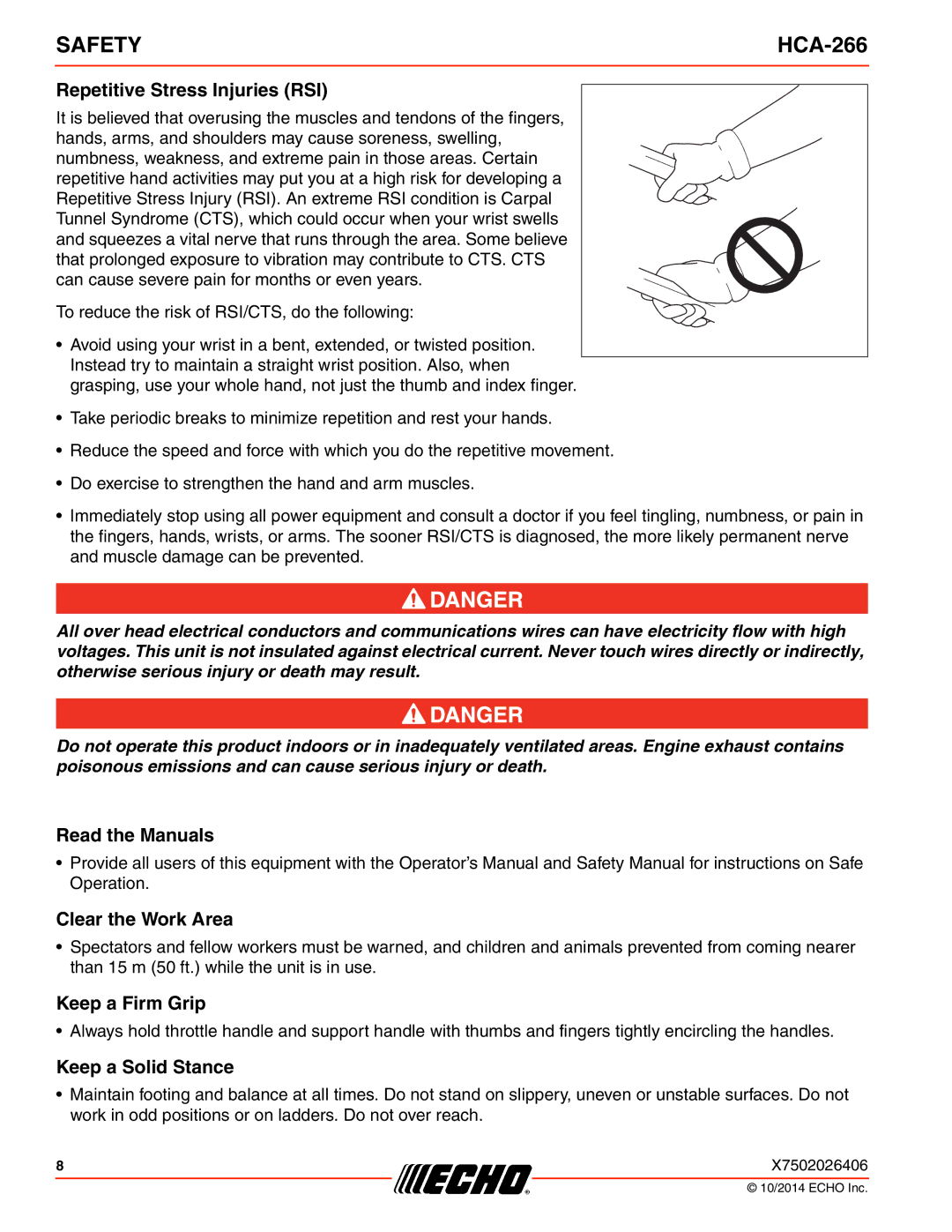 Echo HCA-266 Repetitive Stress Injuries RSI, Read the Manuals, Clear the Work Area, Keep a Firm Grip, Keep a Solid Stance 