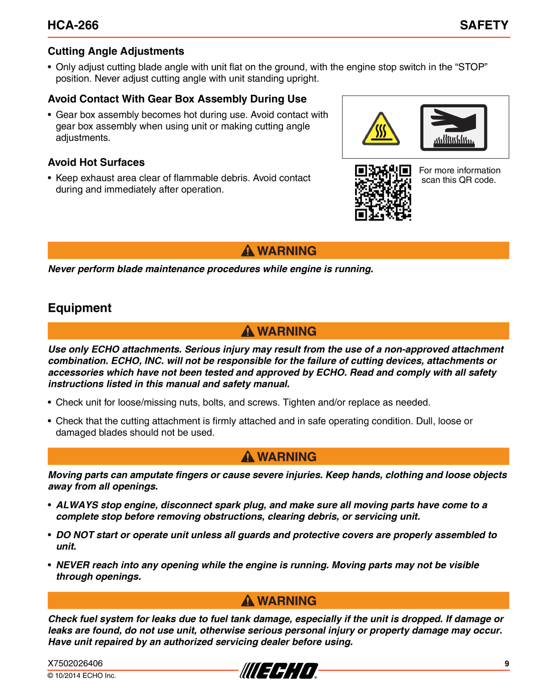 Echo HCA-266 Equipment, Cutting Angle Adjustments, Avoid Contact With Gear Box Assembly During Use, Avoid Hot Surfaces 