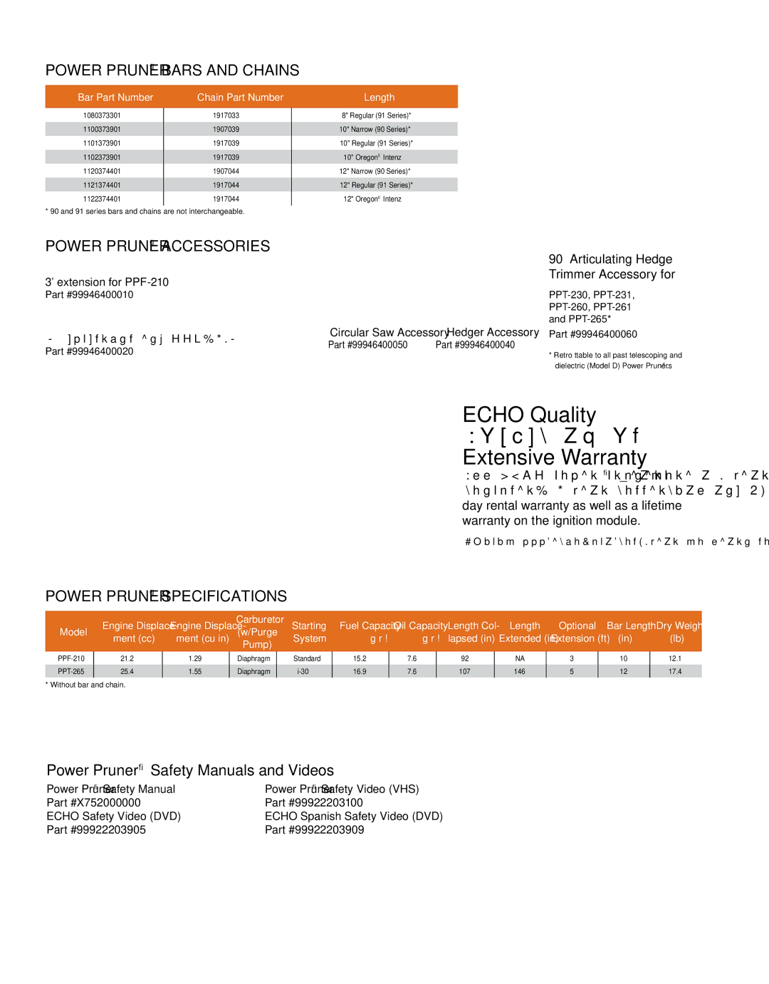Echo HV-110XG manual Power Pruner Bars and Chains, Power Pruner Accessories 