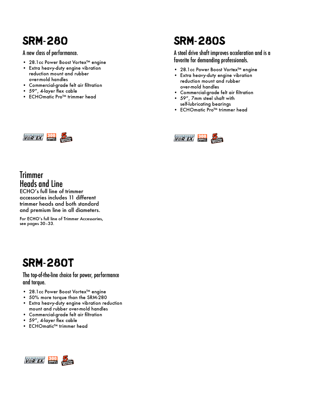 Echo HV-110XG SRM-280S, SRM-280T, New class of performance, Top-of-the-line choice for power, performance and torque 