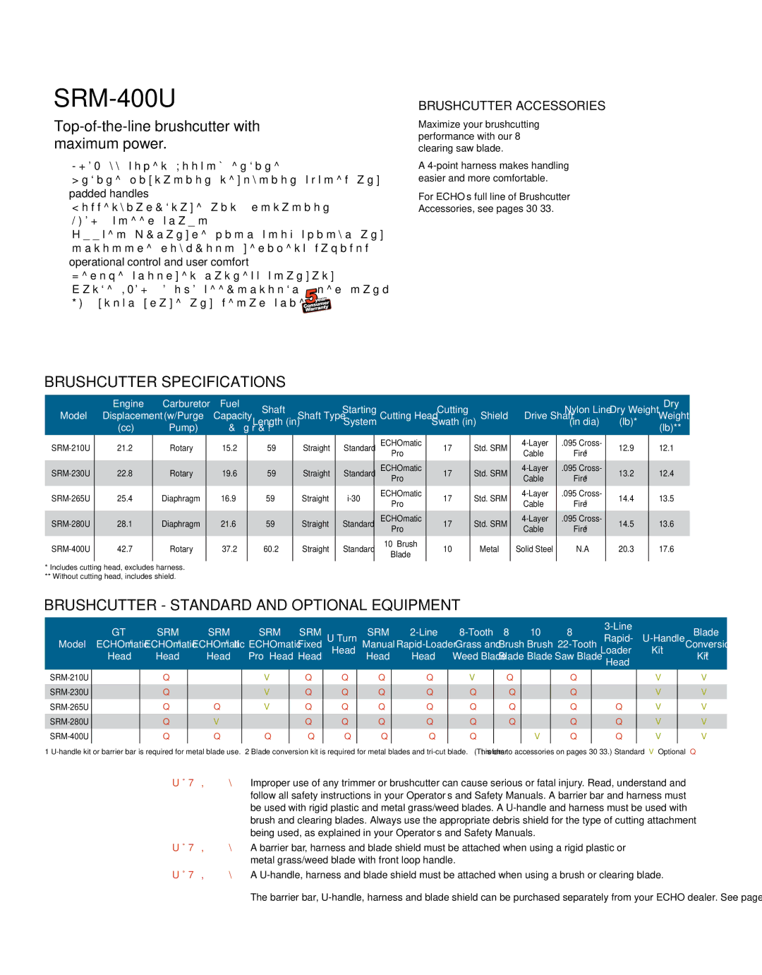 Echo HV-110XG manual SRM-400U, Brushcutter Specifications, Brushcutter Standard and Optional Equipment 